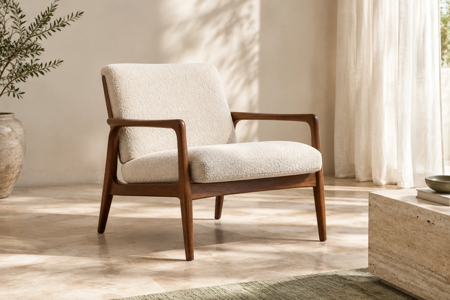 AI-generated walnut lounge chair with ivory upholstery in a sunlit studio