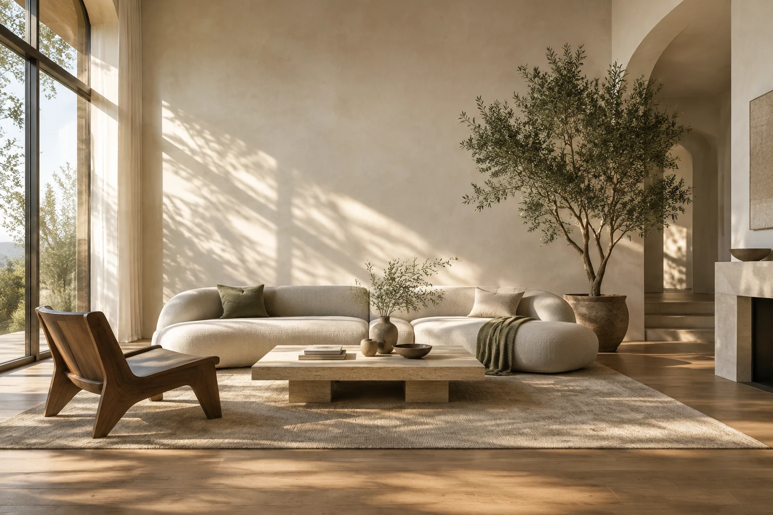 AI-generated living room with sculptural ivory furniture, walnut, and warm natural light