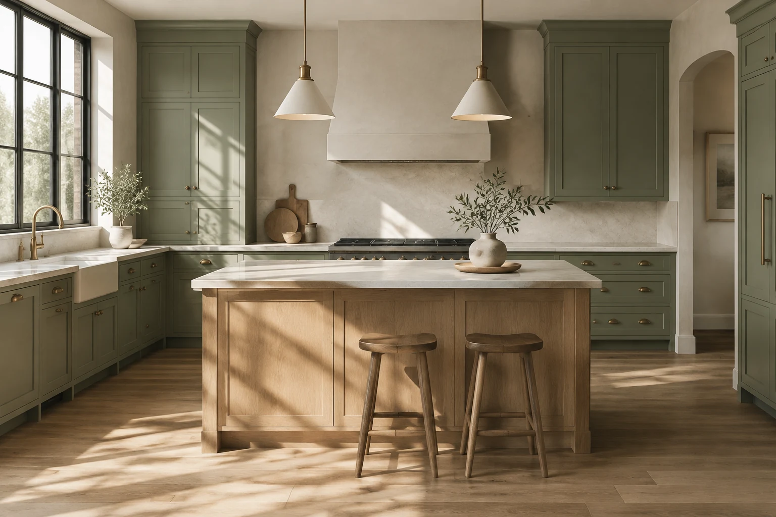 AI-generated sage-green kitchen with an oak island and soft daylight