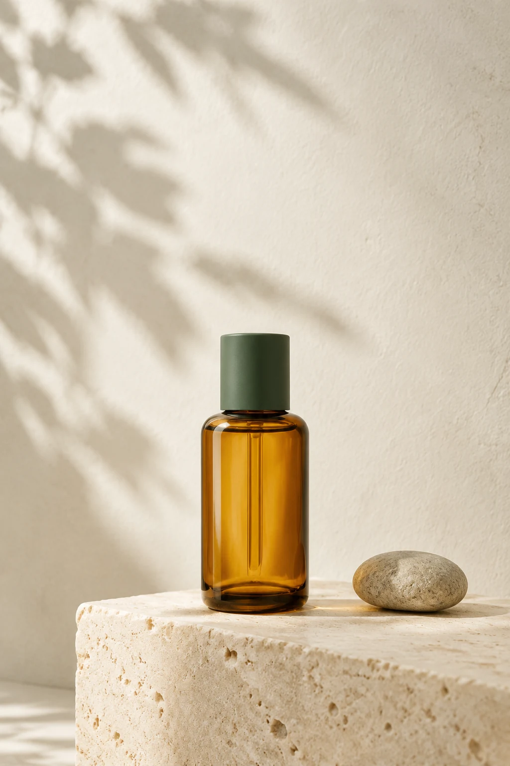 AI-generated amber glass bottle on travertine with a sage cap and soft leaf shadows
